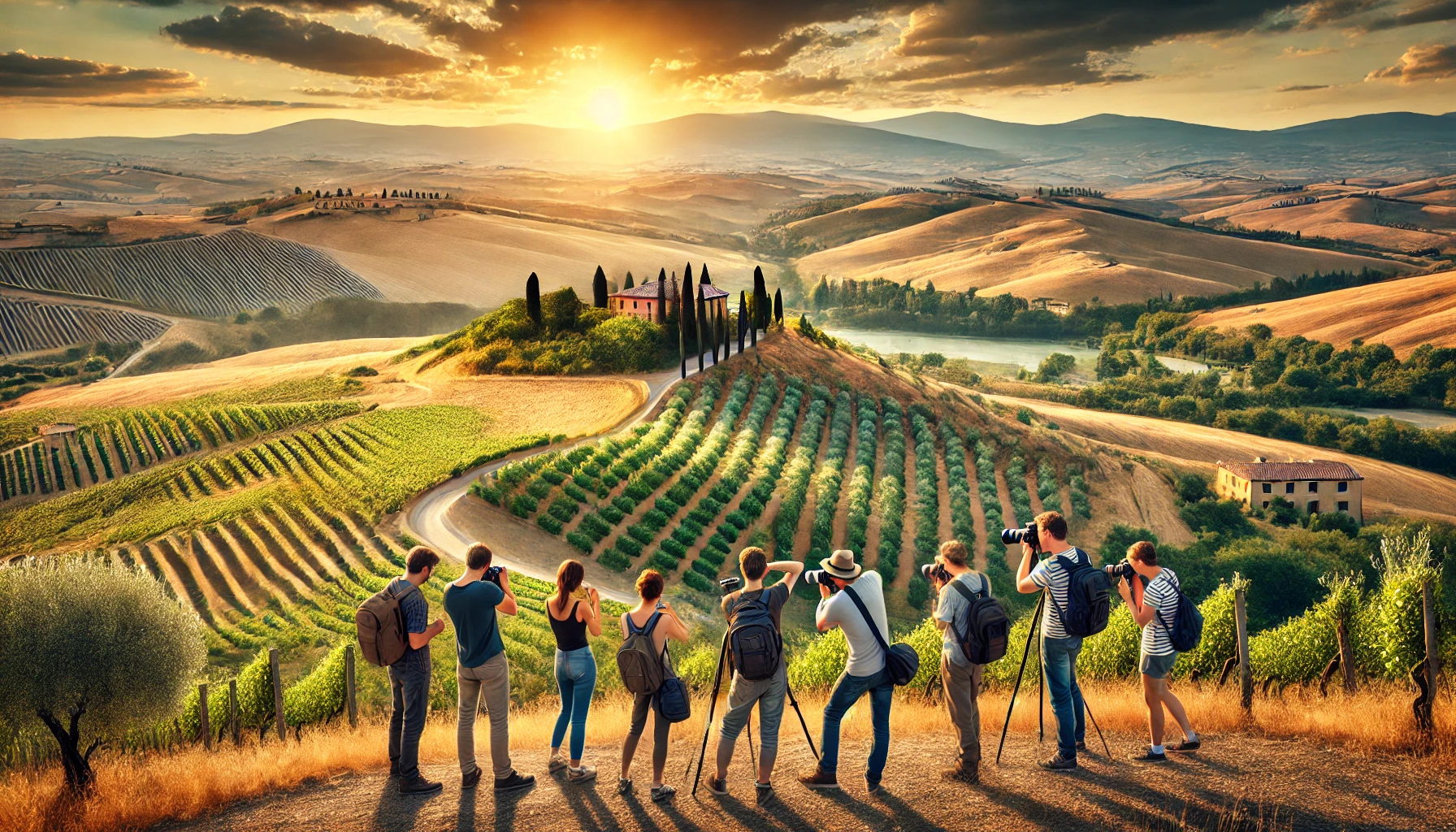 Photographer enjoying a private photography tour in the Chianti countryside near Florence, surrounded by vineyards and rolling Tuscan hills