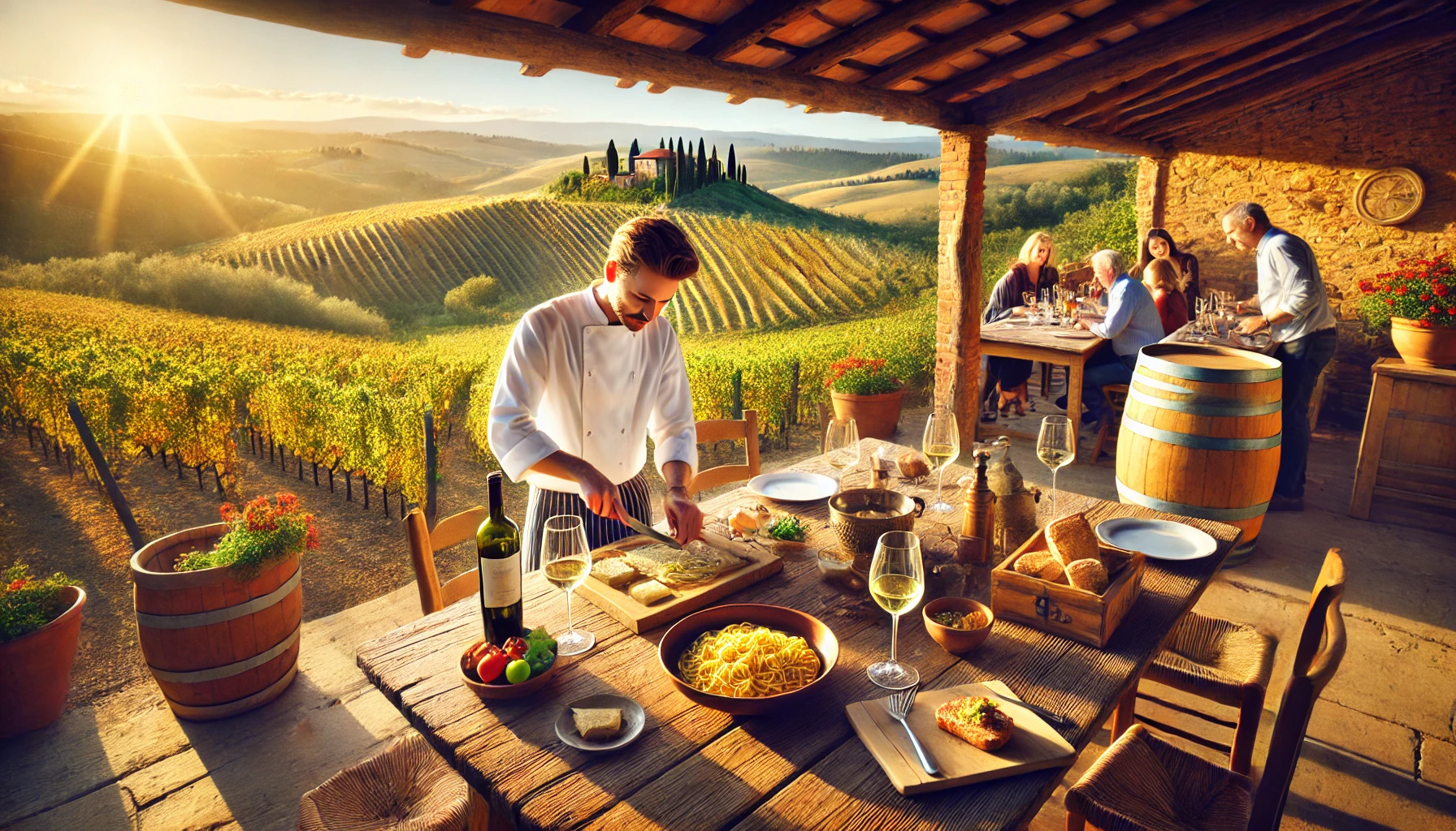 Chef preparing fresh pasta during a Chianti cooking class with vineyard views in Tuscany, Italy.