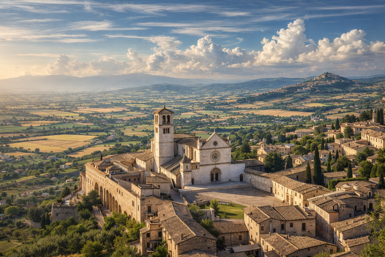 Panoramic view of Assisi with the Basilica of Saint Francis and the Umbrian countryside