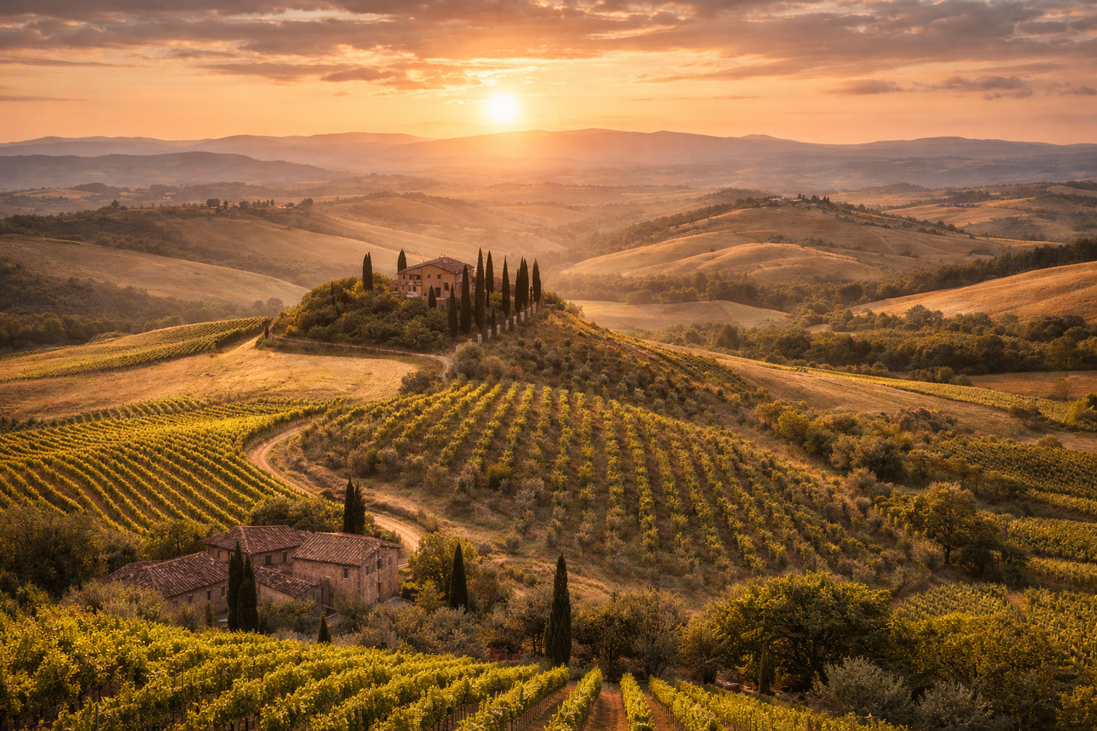 Chianti countryside with vineyards and cypress trees in Tuscany
