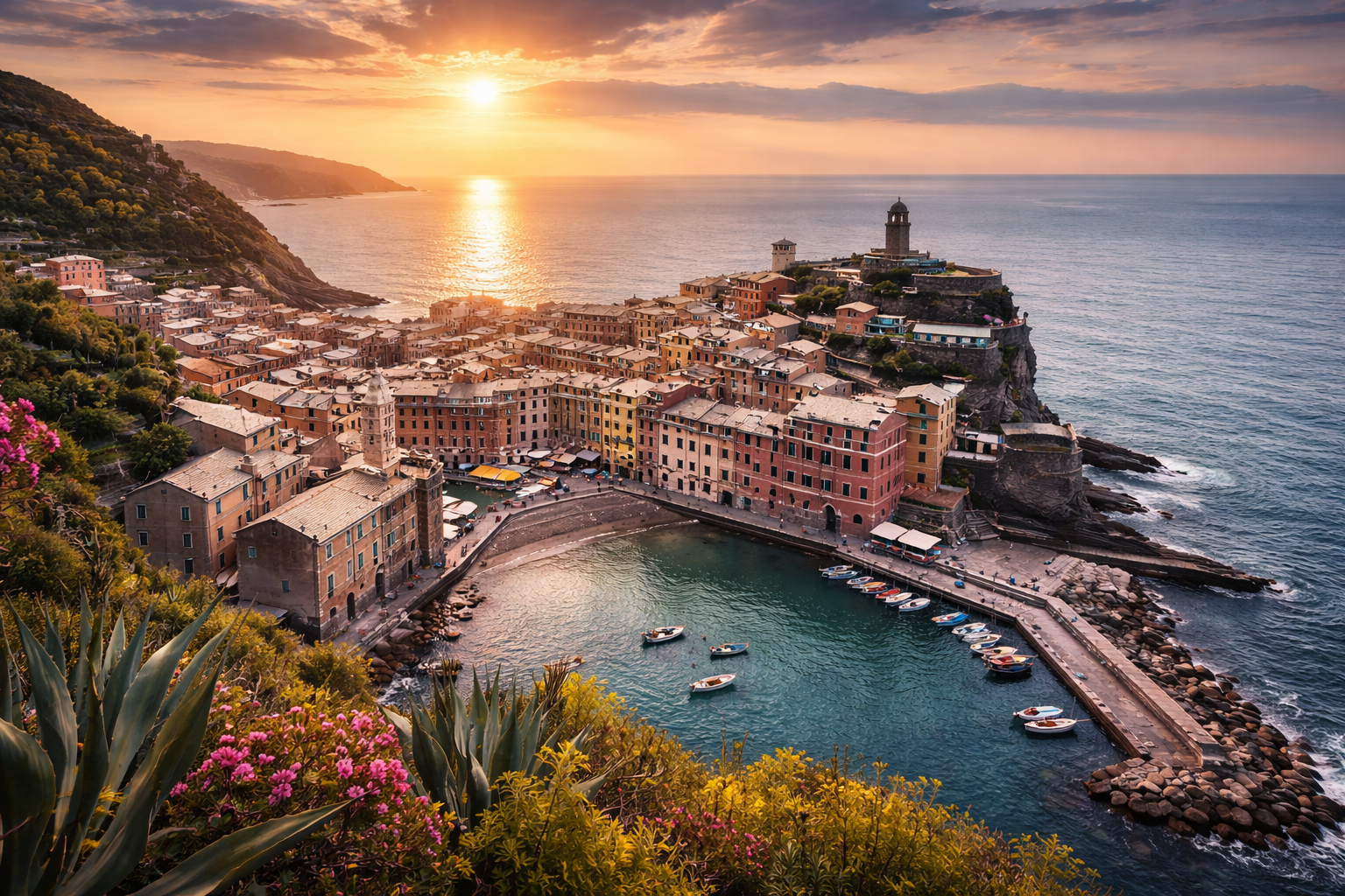 Panoramic view of Vernazza village in Cinque Terre on the Ligurian coast, Italy