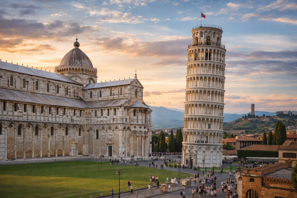 Leaning Tower of Pisa and Piazza dei Miracoli during a private Pisa and Lucca tour from Florence