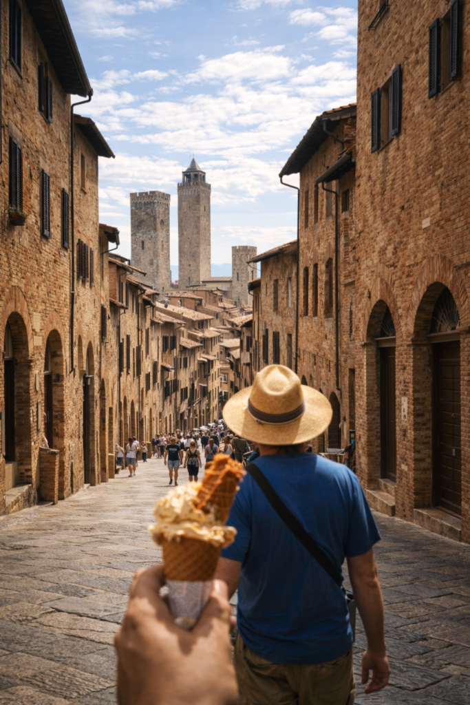 Medieval street in San Gimignano with historic towers and tourists enjoying gelato