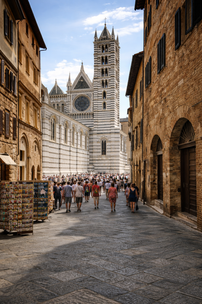 Medieval street in Siena leading to the Duomo, Tuscany