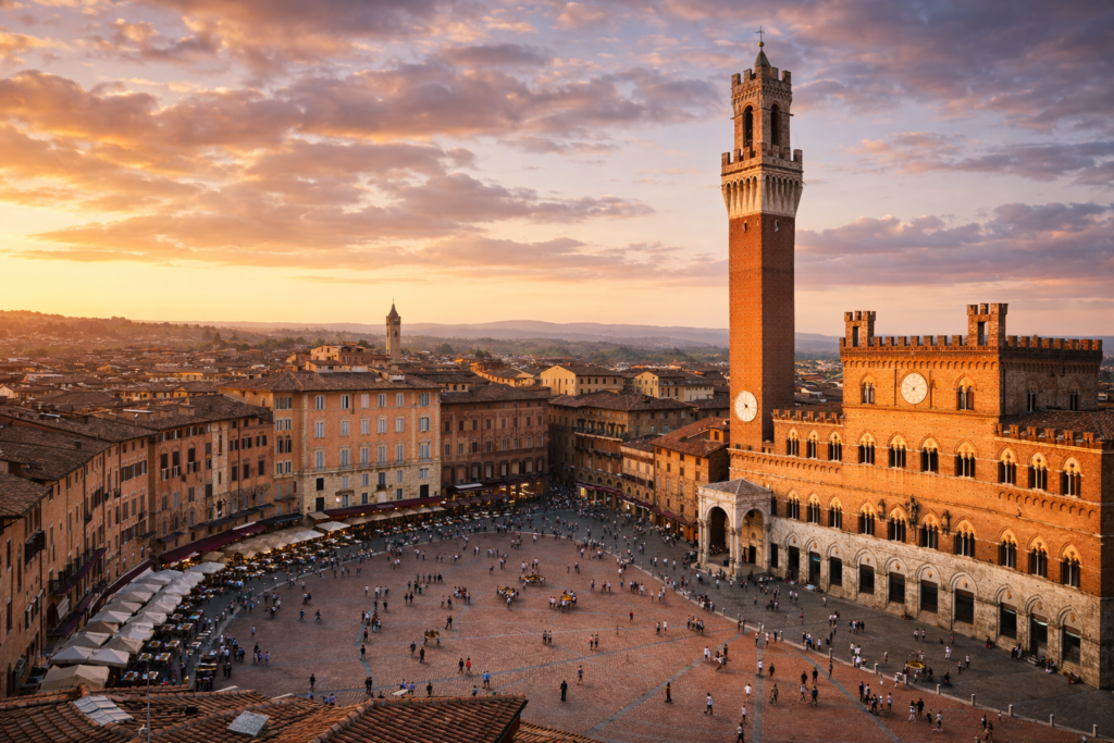 Piazza del Campo in Siena with Torre del Mangia, panoramic view