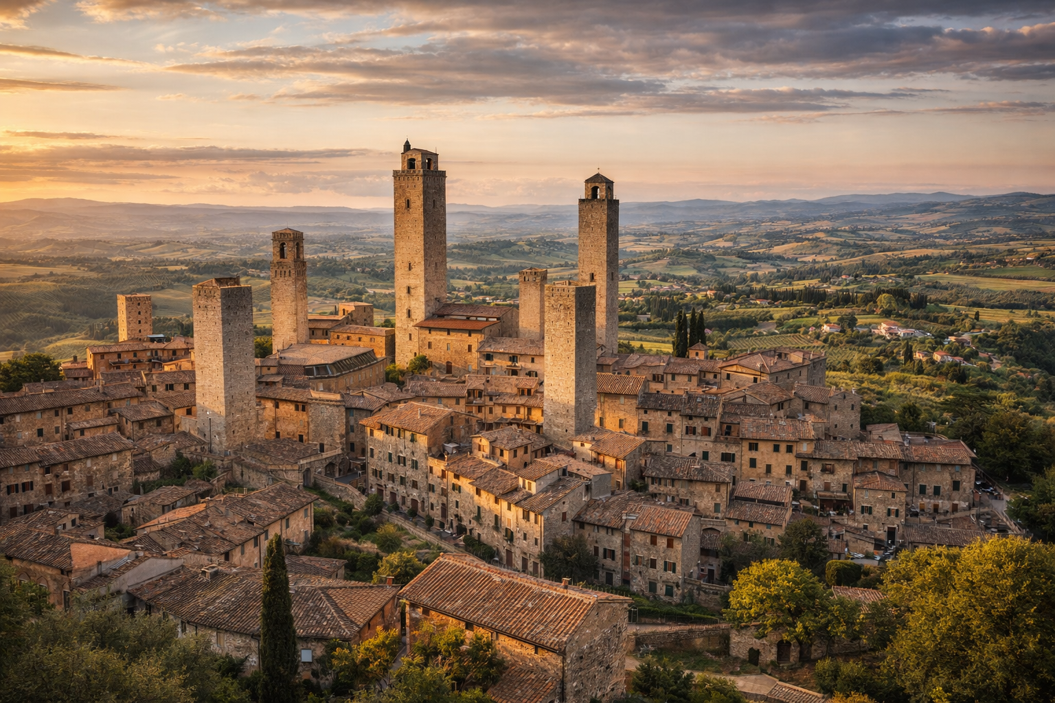 Historic San Gimignano towers and Tuscan landscape on a private tour from Florence