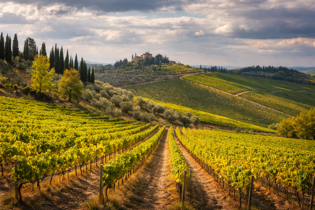 Panoramic view of Val d’Orcia vineyards in Tuscany
