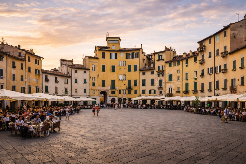 Lucca private group tour from Florence Piazza dell’Anfiteatro Lucca visited during a private Pisa and Lucca tour from Florence for small groups and families
